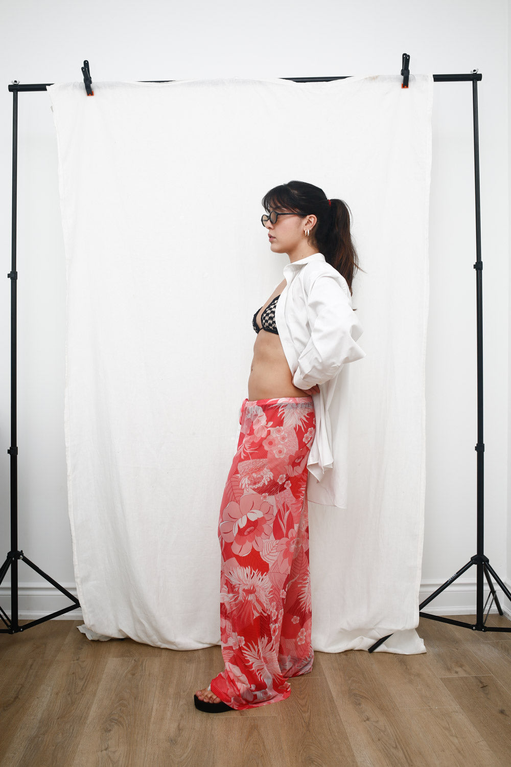 Sheer Red Floral Wide-Leg Pants