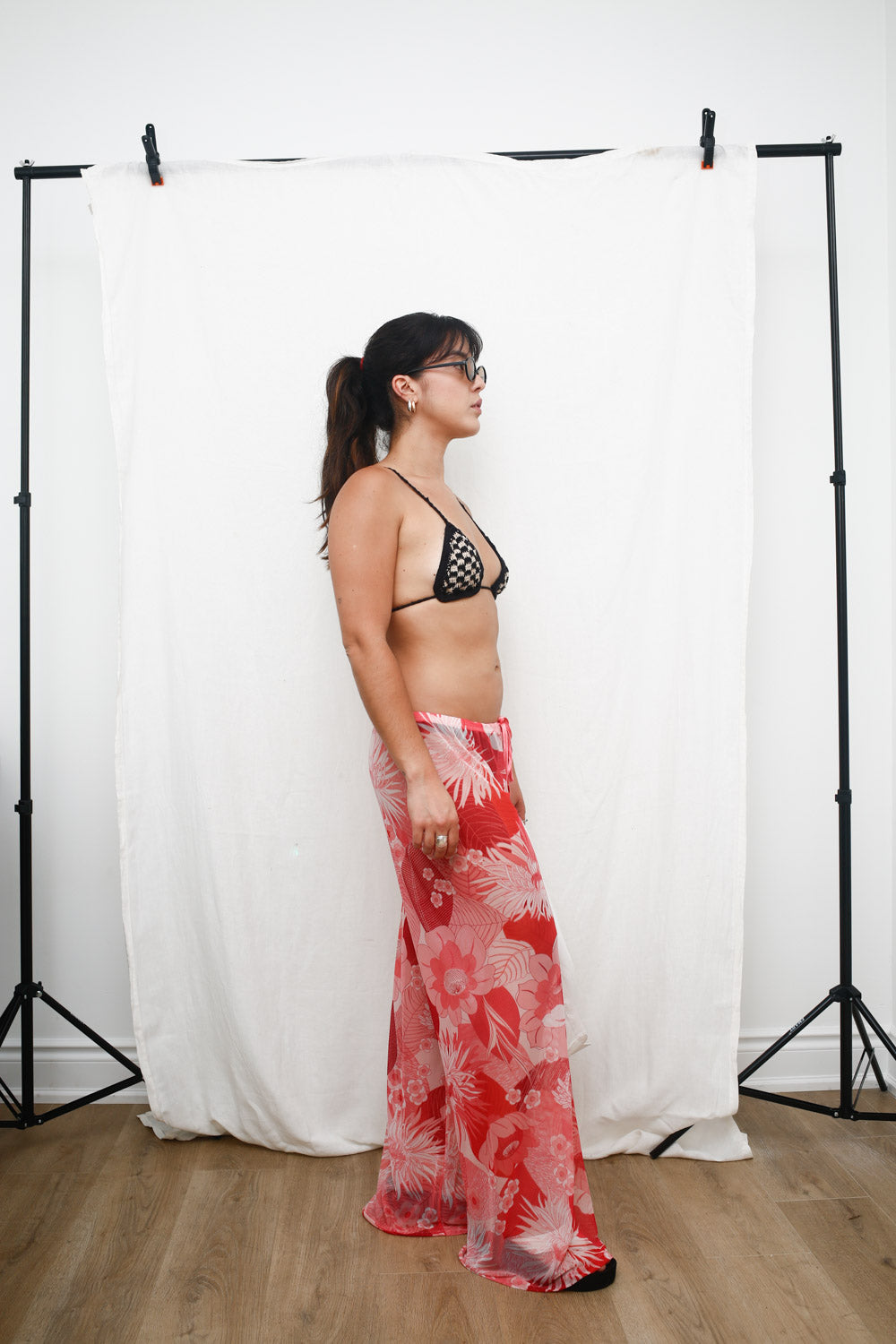 Sheer Red Floral Wide-Leg Pants