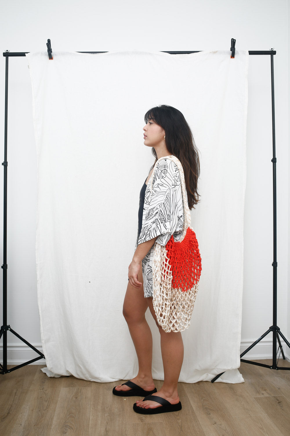 Handmade Two-Tone Crochet Net Bag—Orange & Cream