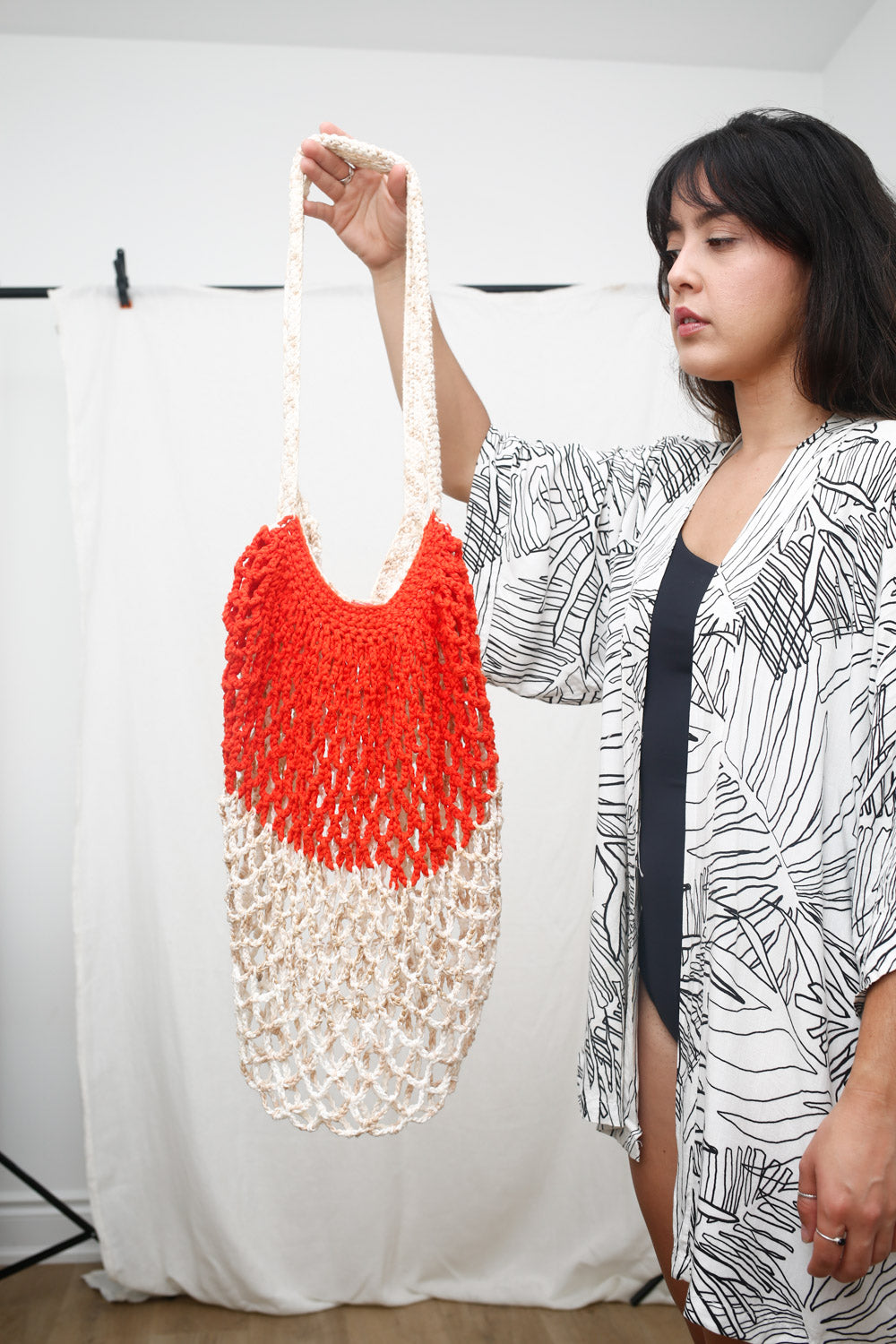 Handmade Two-Tone Crochet Net Bag—Orange & Cream