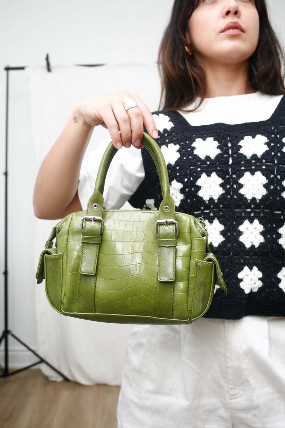 Mini Croc-Textured Green Handbag