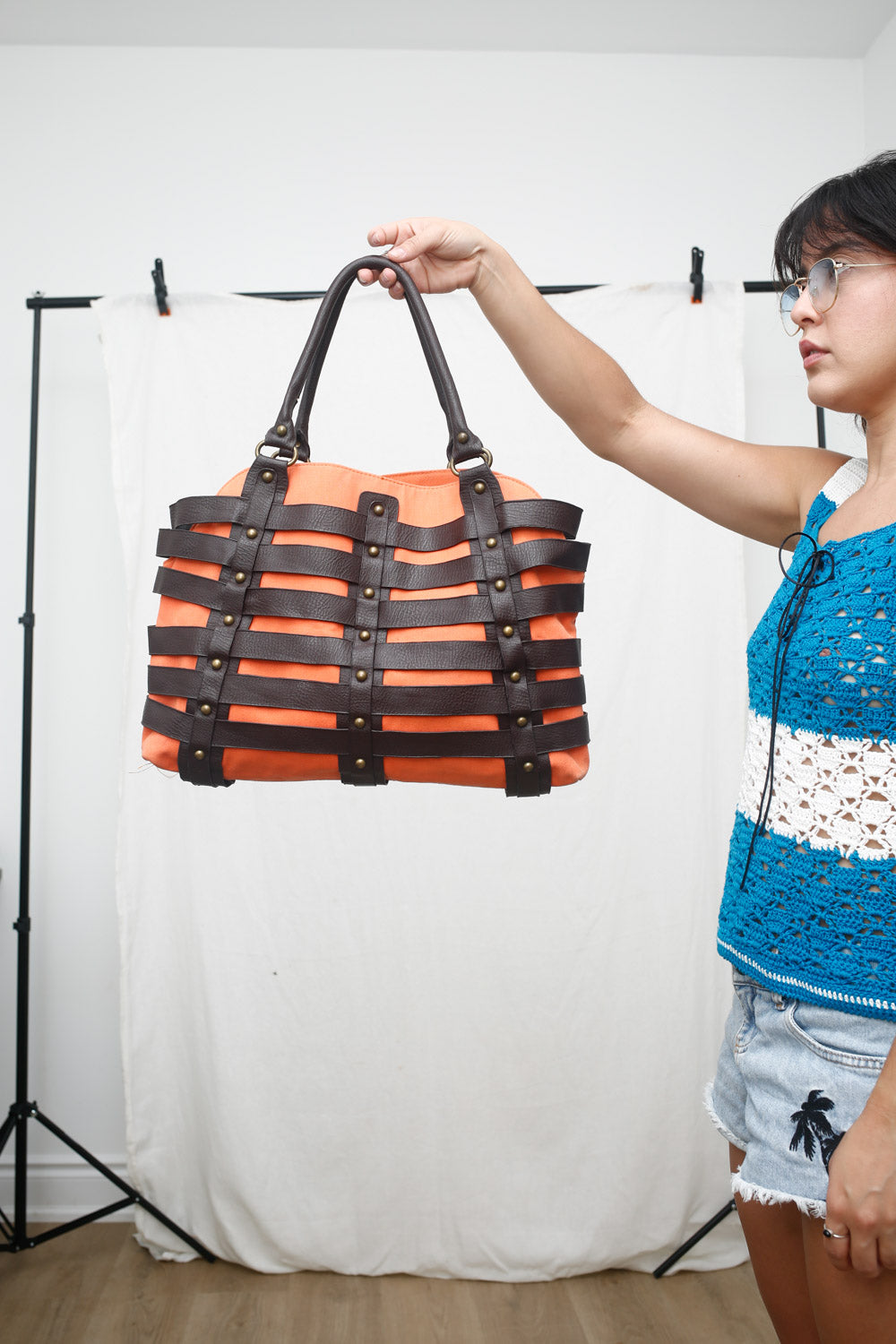 Structured Orange Tote with Leather Harness Detail