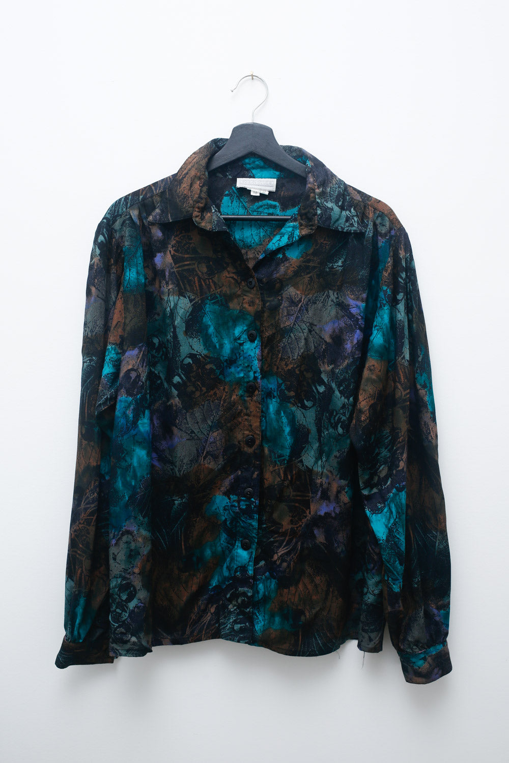 Vintage Abstract Print Blouse – Moody Teal & Earth Tones (Size 10)
