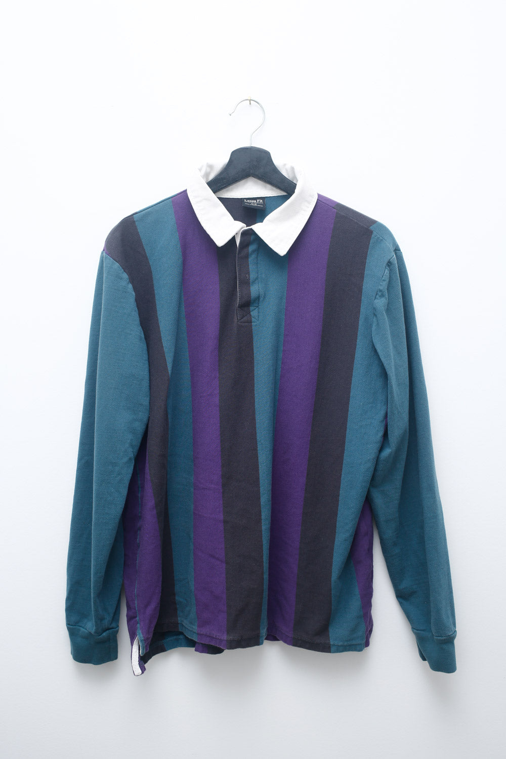 90s Loose Fit Striped Rugby Shirt – Teal, Purple & Black (Size M)