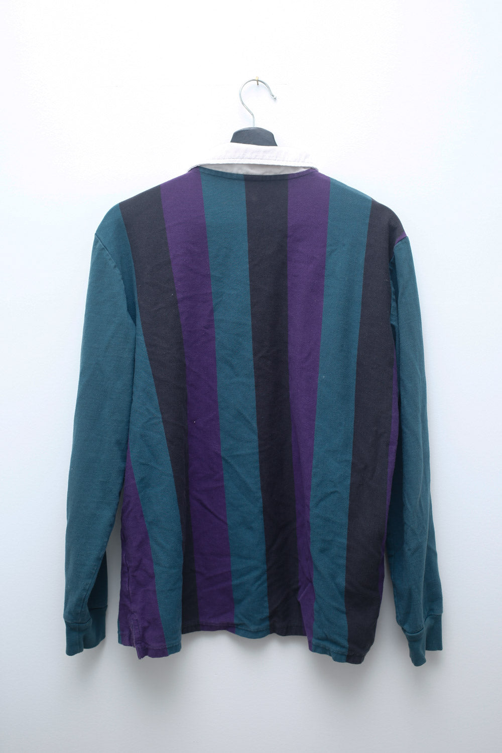 90s Loose Fit Striped Rugby Shirt – Teal, Purple & Black (Size M)