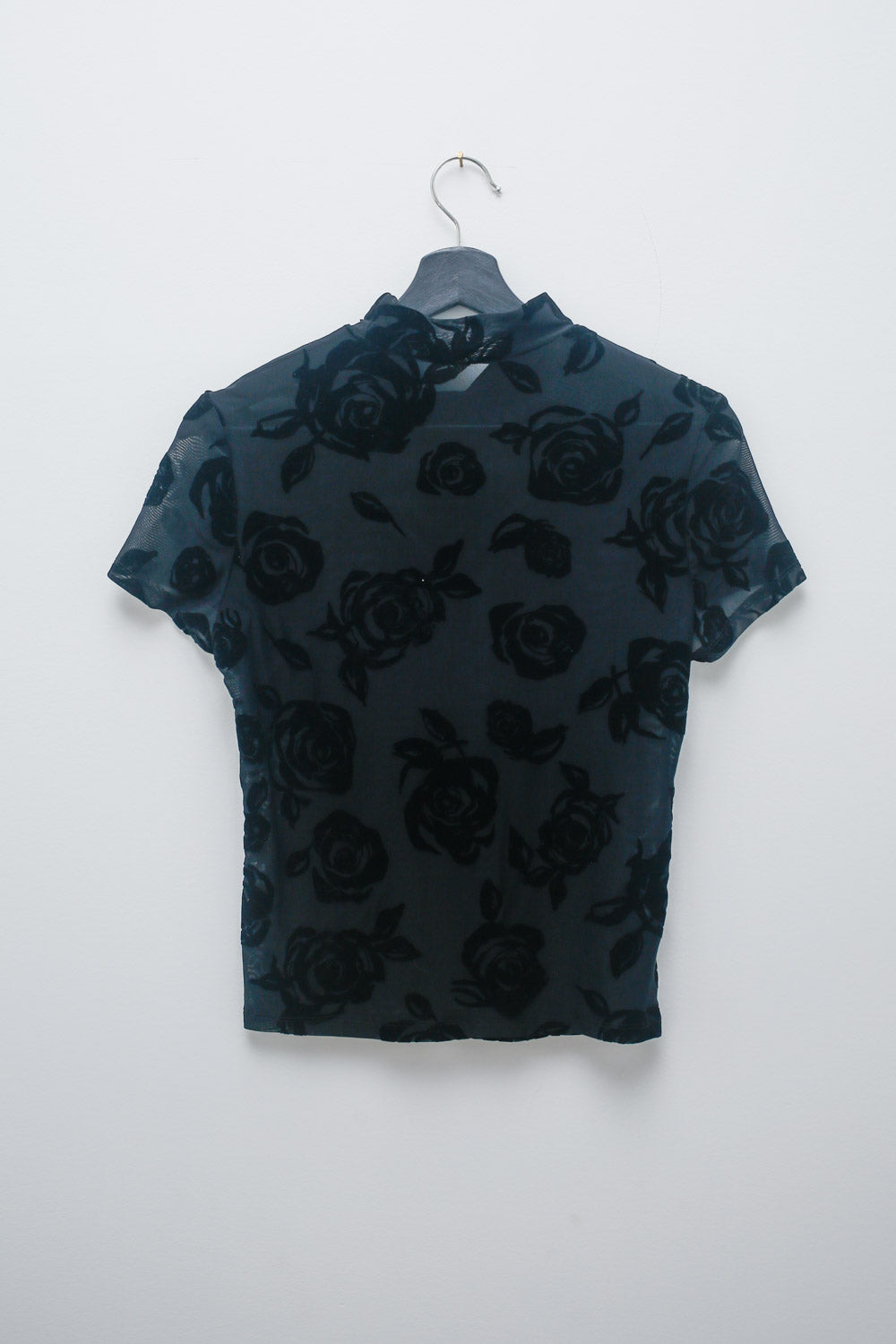 Black Mesh Floral Flocked Top