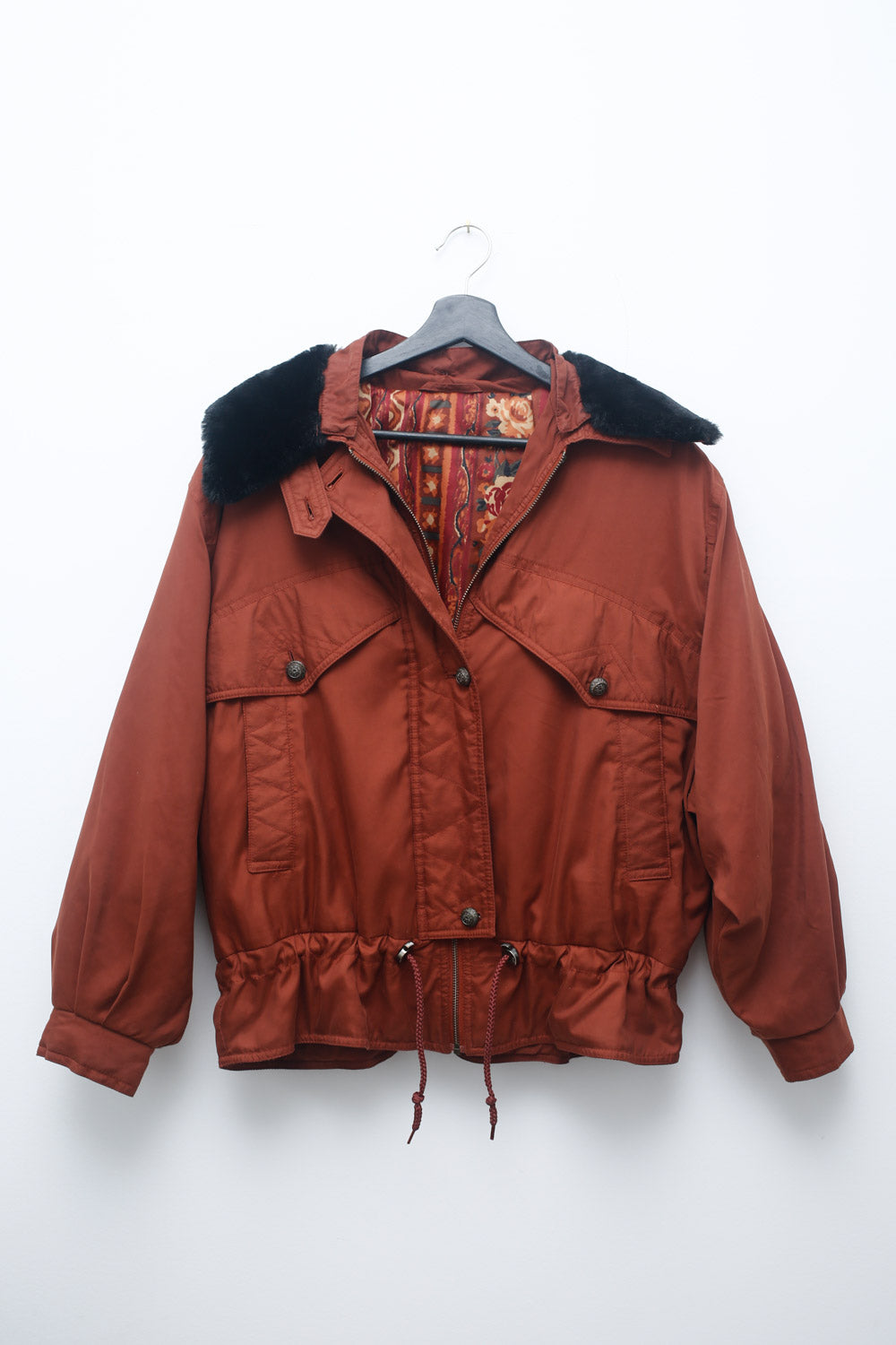 Vintage Rust Utility Jacket w/ Faux Fur Collar & Tapestry Lining