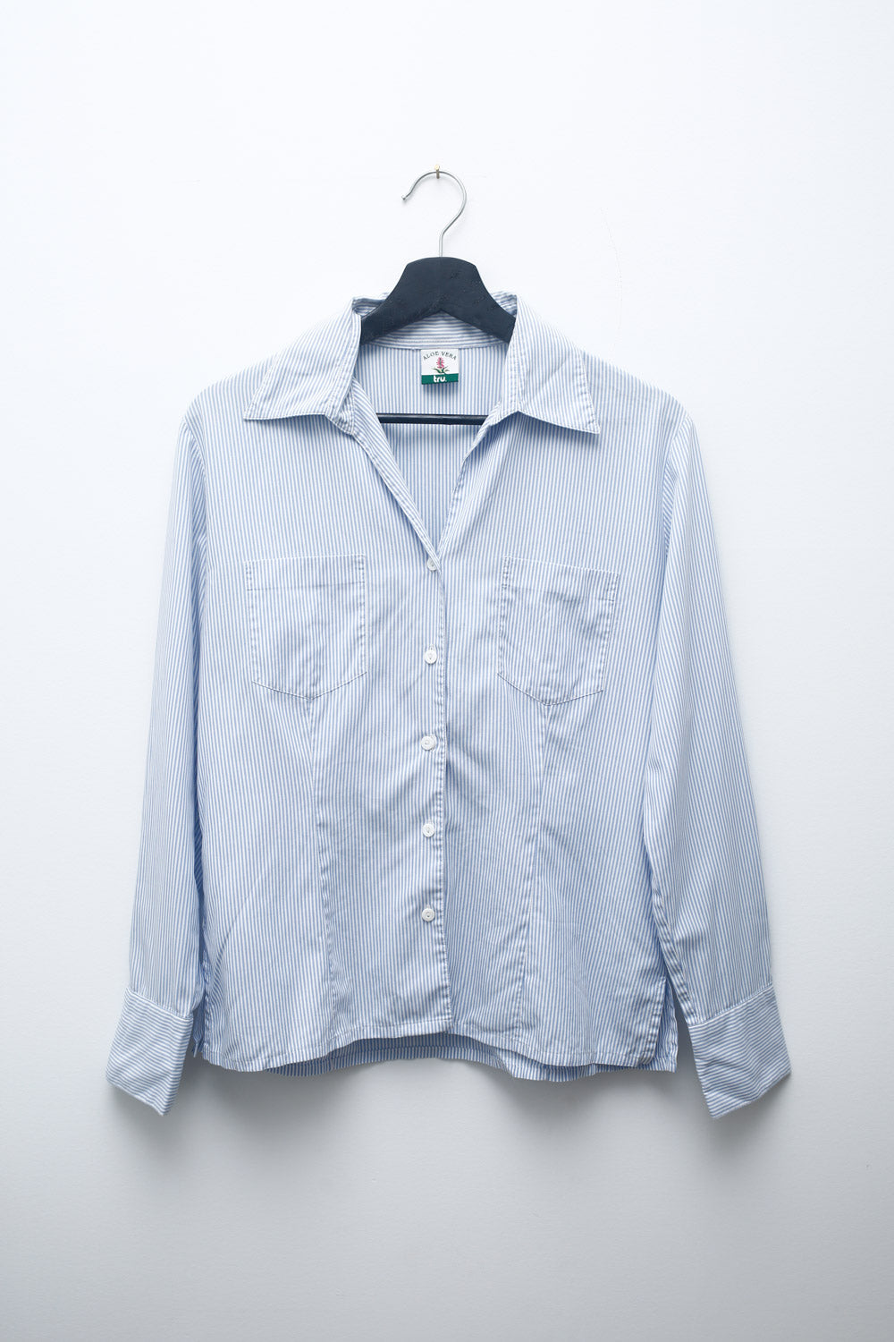 Blue & White Striped Button-Up Shirt—Classic Workwear Style
