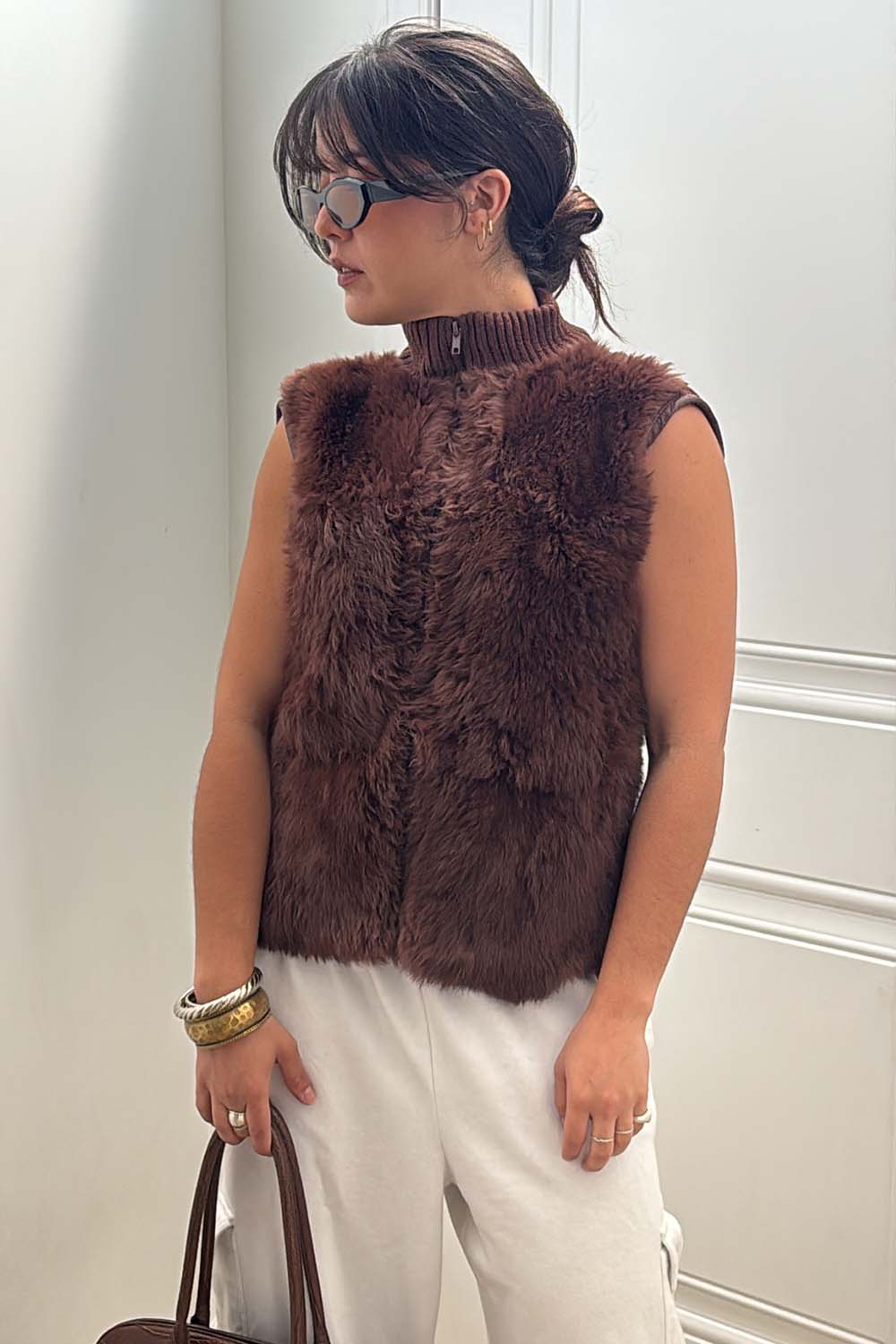 Kalico Brown  Fur Vest – Cozy Y2K Vintage Layer with Knit Trim (Size M)