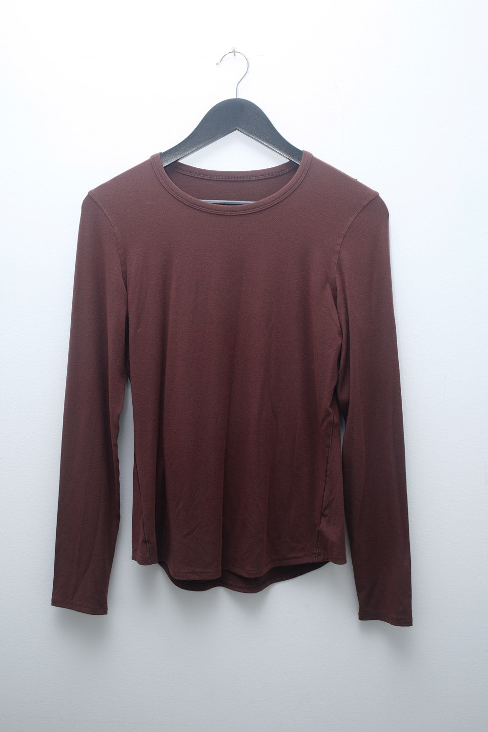 Brown Long Sleeve Top – Minimalist Crew Neck Stretch Layering Tee