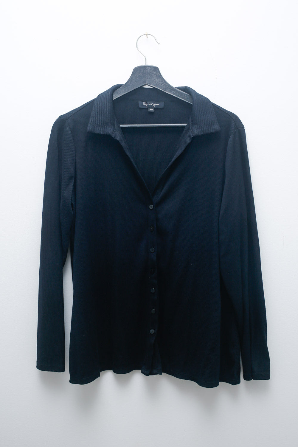 Lily Morgan Black Button-Up Top – Long Sleeve Collared Stretch Blouse