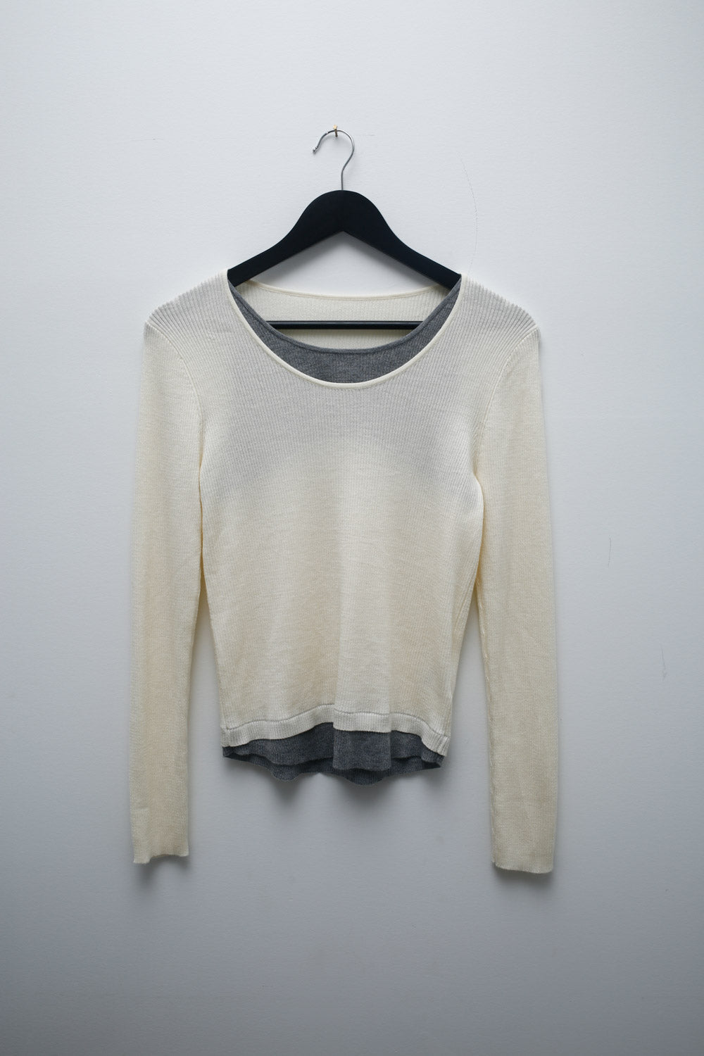 Cream & Grey Layered Hem Sweater – Lightweight Long Sleeve Knit Top