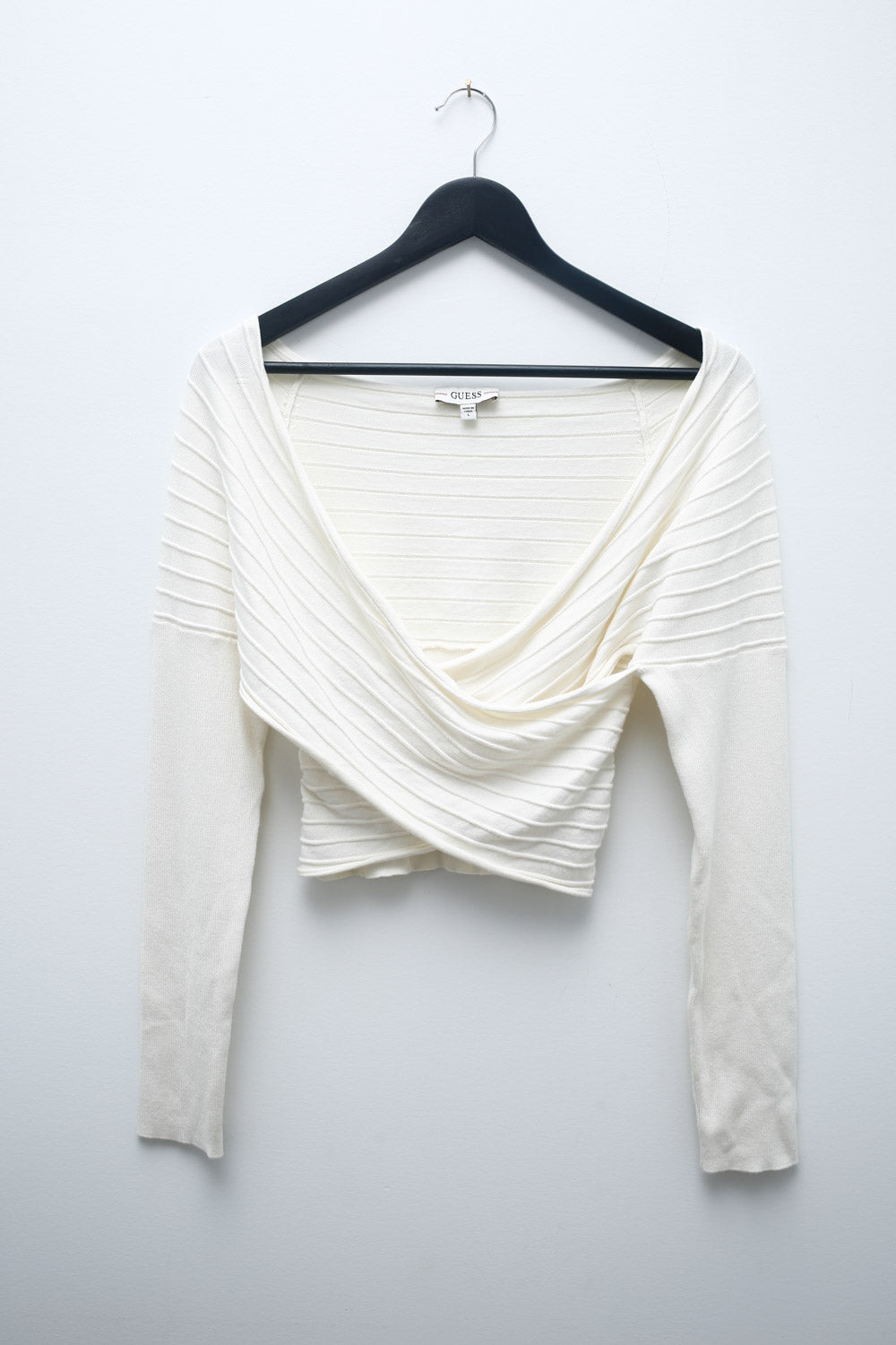 Guess White Knit Top – Draped Front Long Sleeve Ribbed Cropped Style