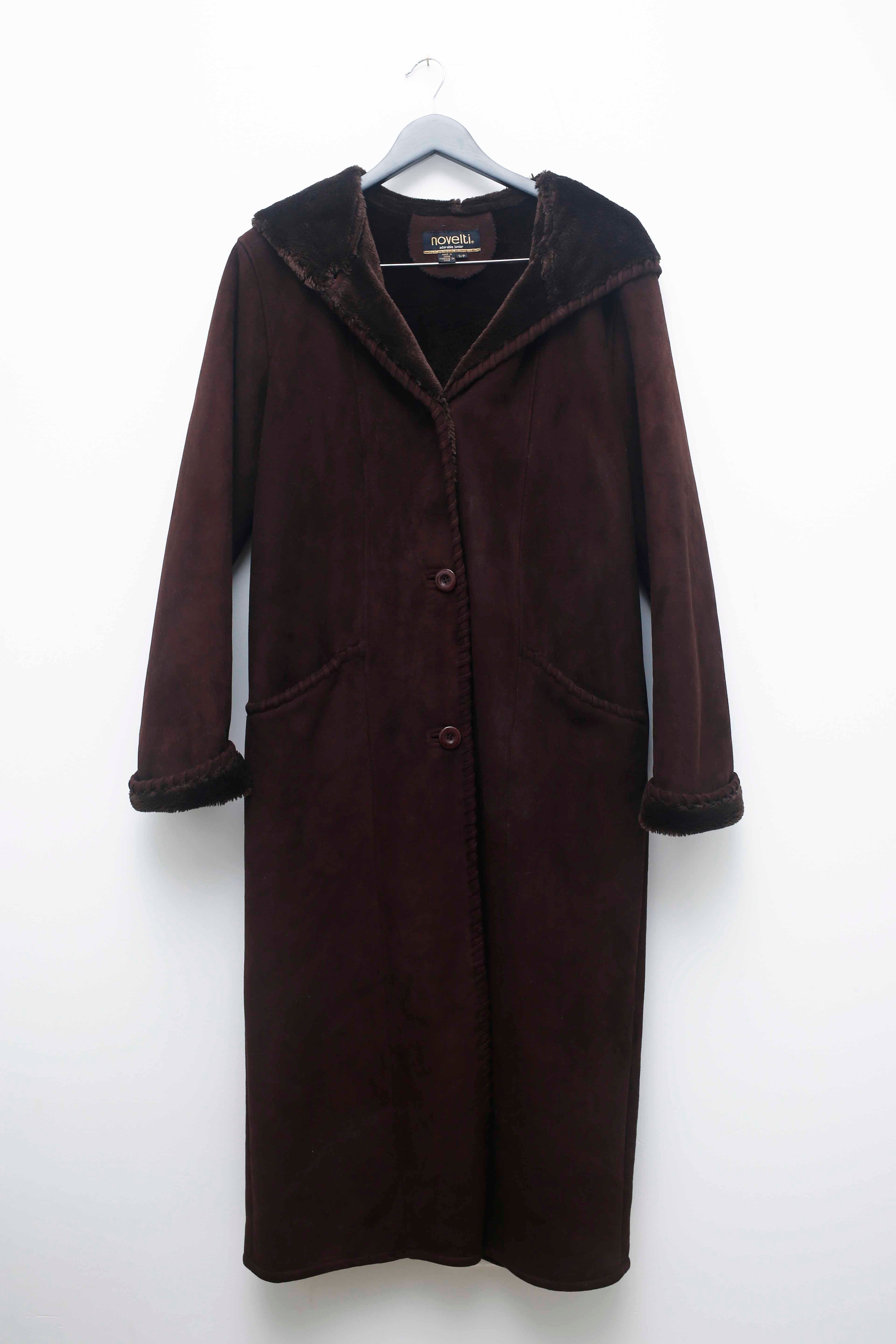 Vintage Novelti Brown Faux Suede Maxi Coat with Faux Fur Hood – Size S