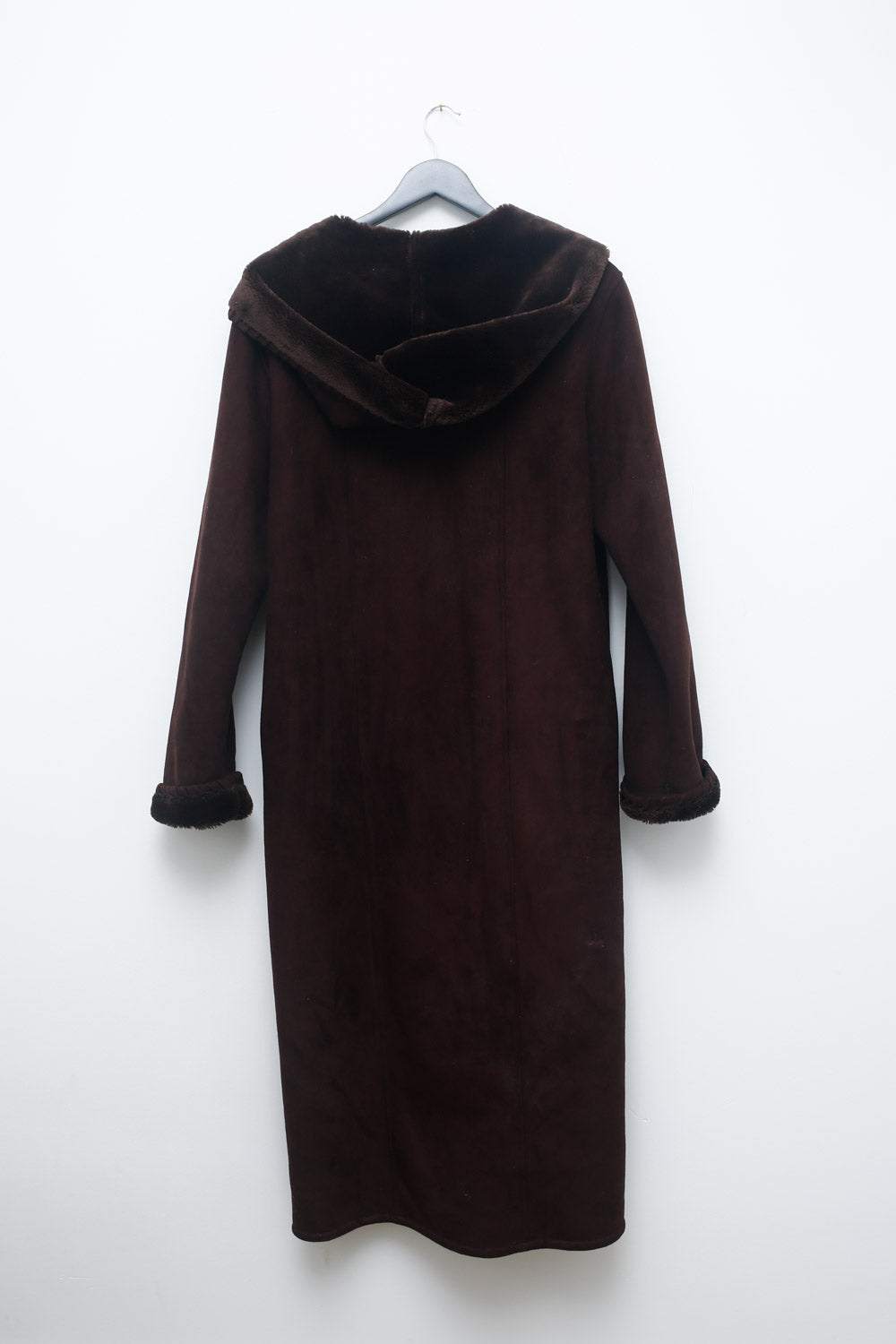 Vintage Novelti Brown Faux Suede Maxi Coat with Faux Fur Hood – Size S