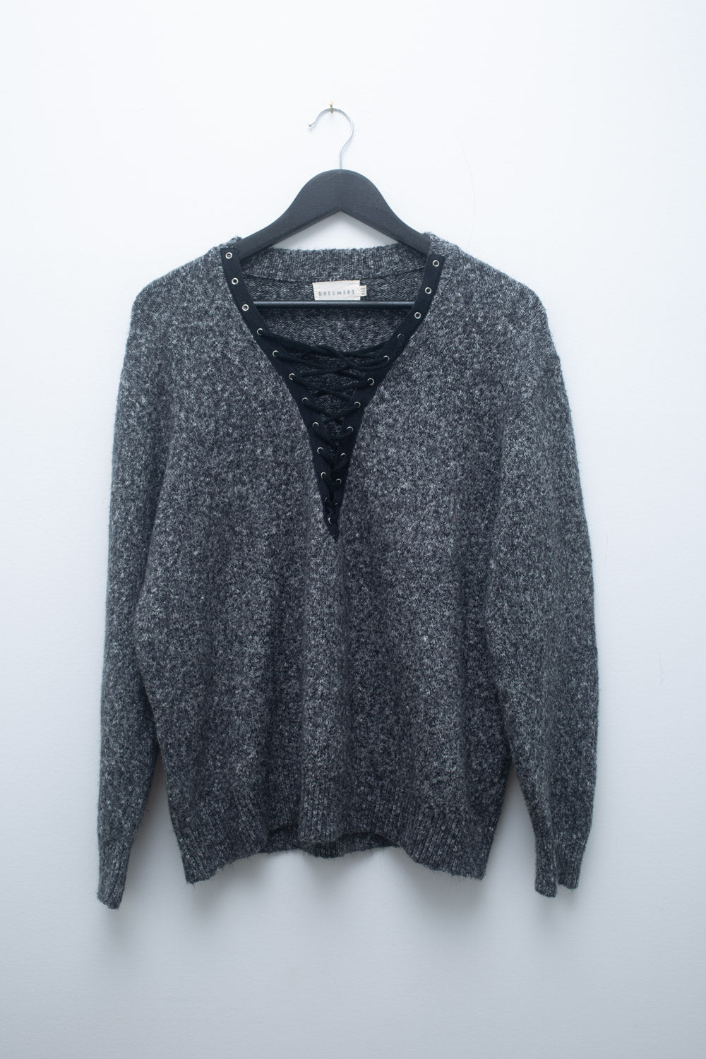 Charcoal Lace-Up Sweater – Y2K Inspired Chunky Knit Pullover