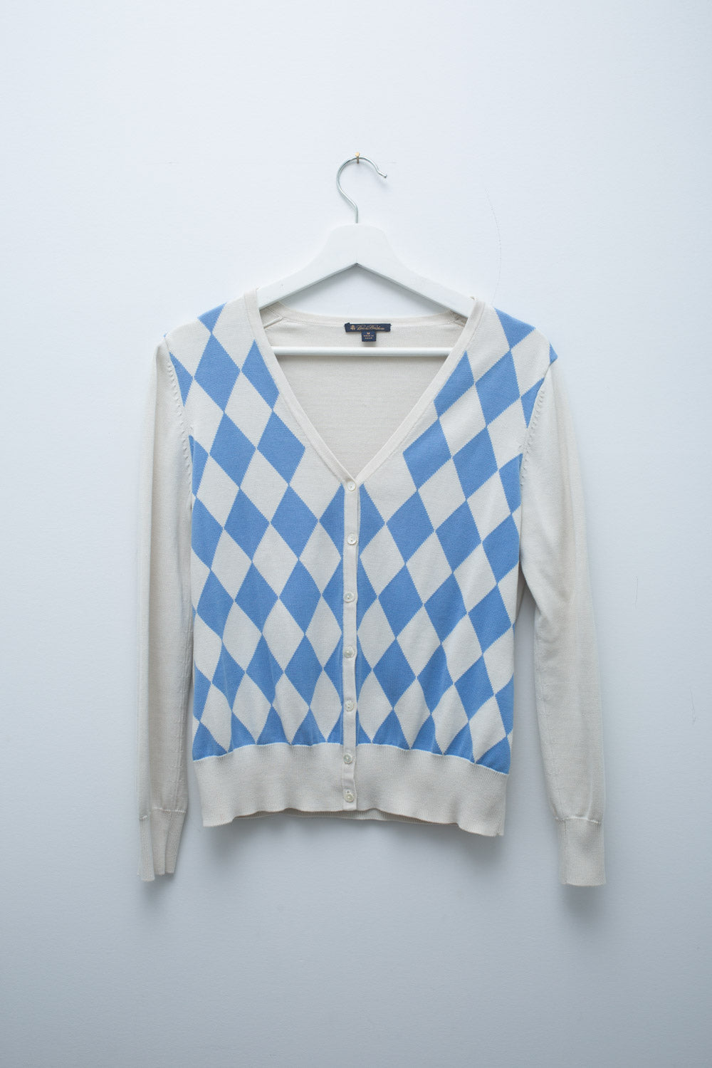 Vintage Brooks Brothers Argyle Cardigan – Blue & White Diamond Knit Sweater