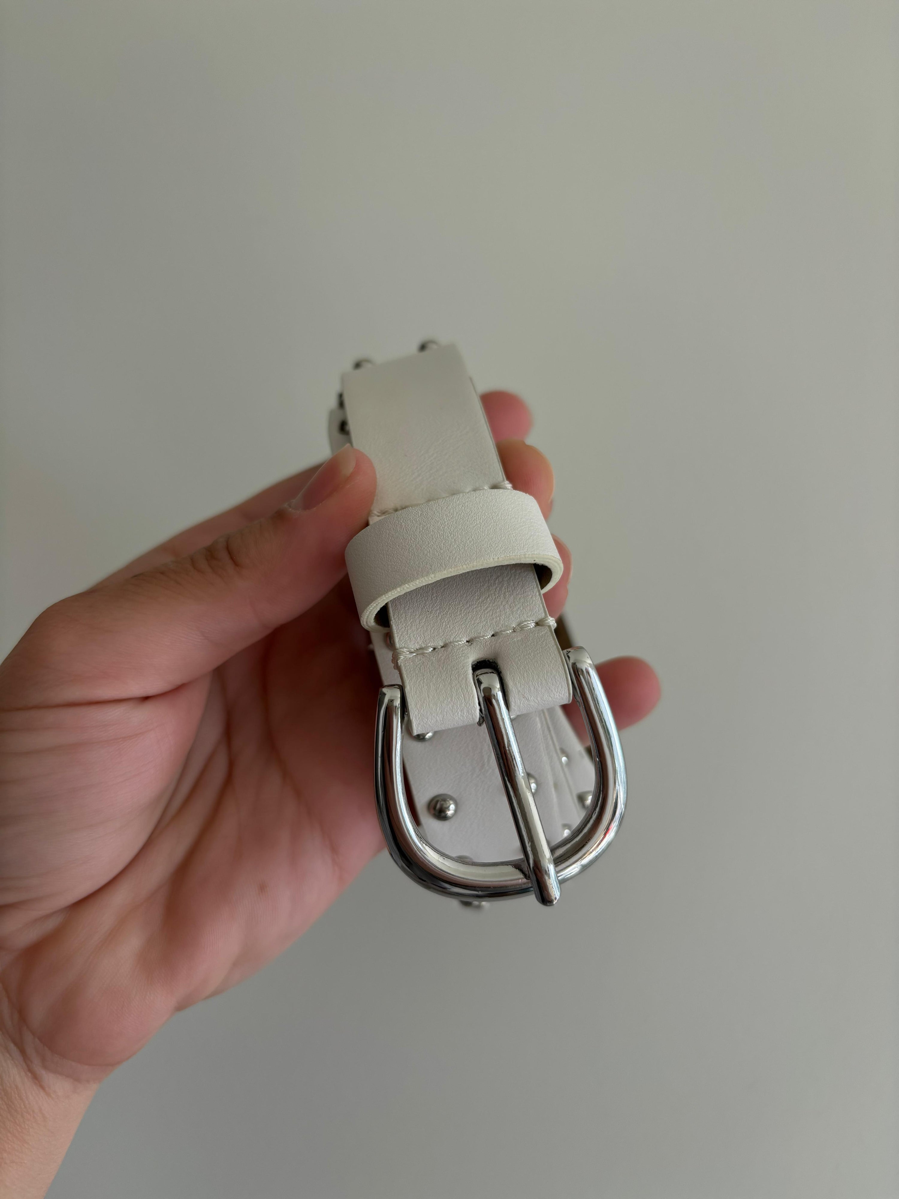 White Studded Y2K Belt with Silver Buckle