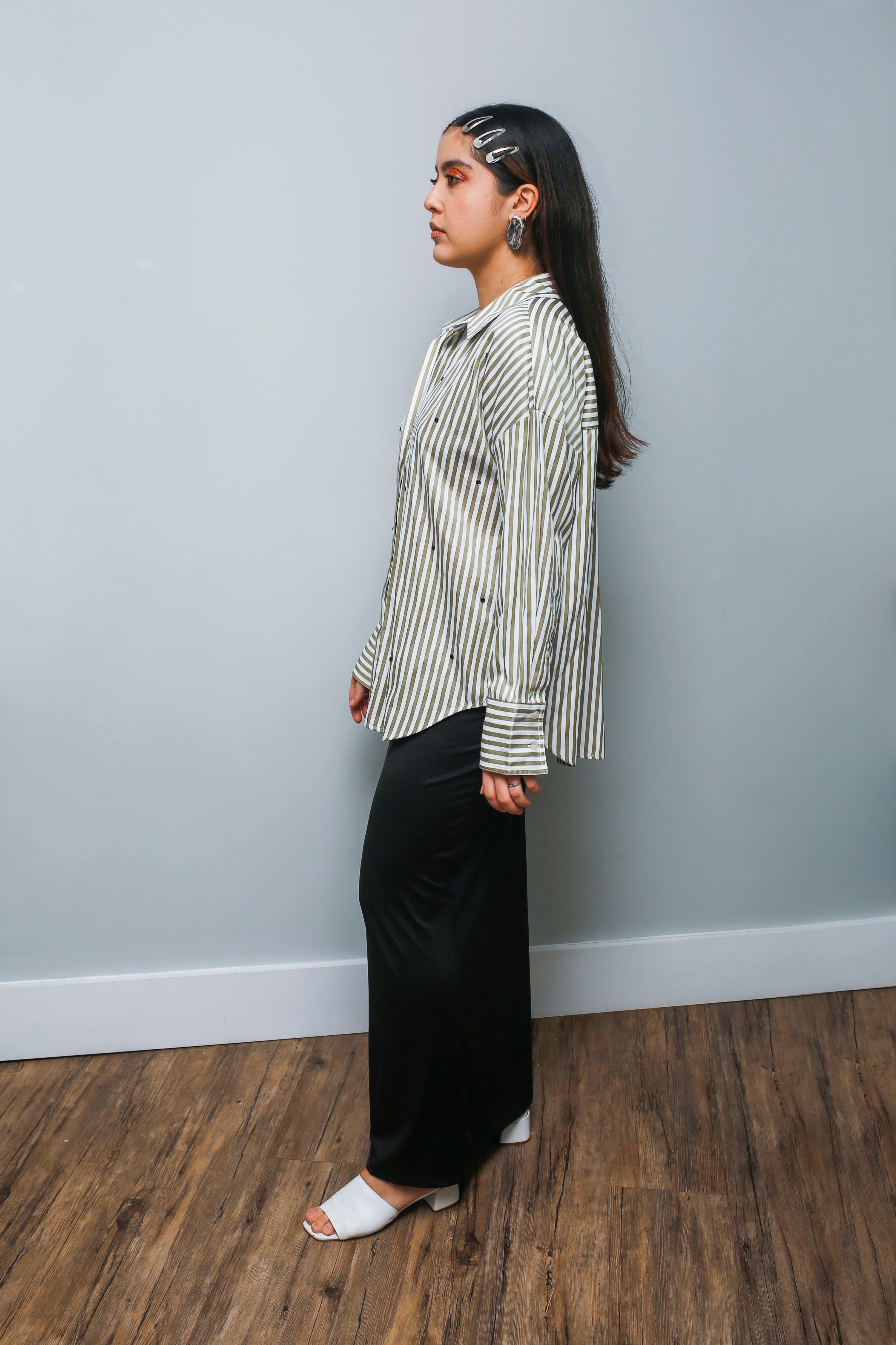 Custom striped Button-Up Shirt—Olive Green & White with Embellished Details