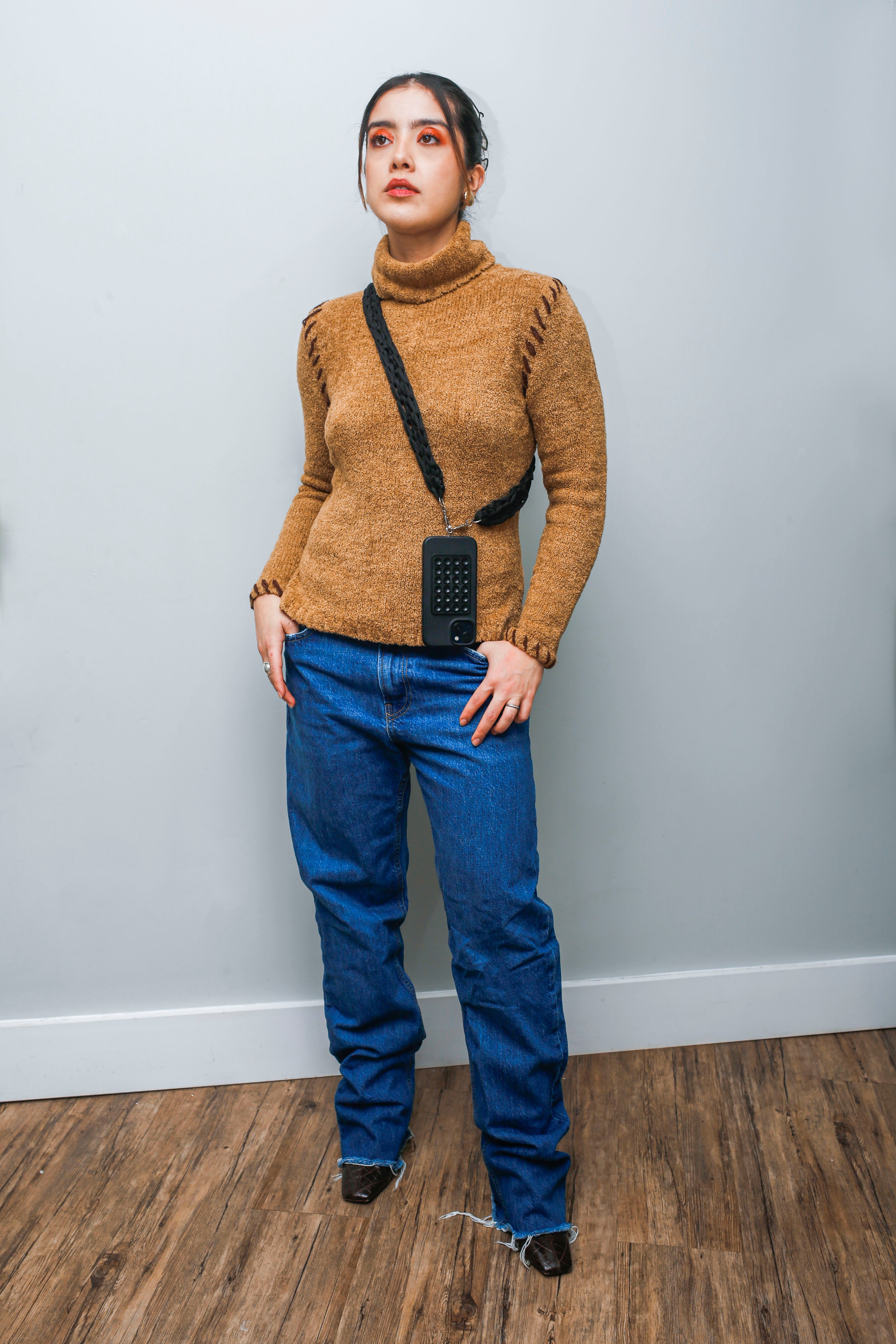Vintage Boho Turtleneck Sweater—Distressed Fringe Knit in Earthy Brown