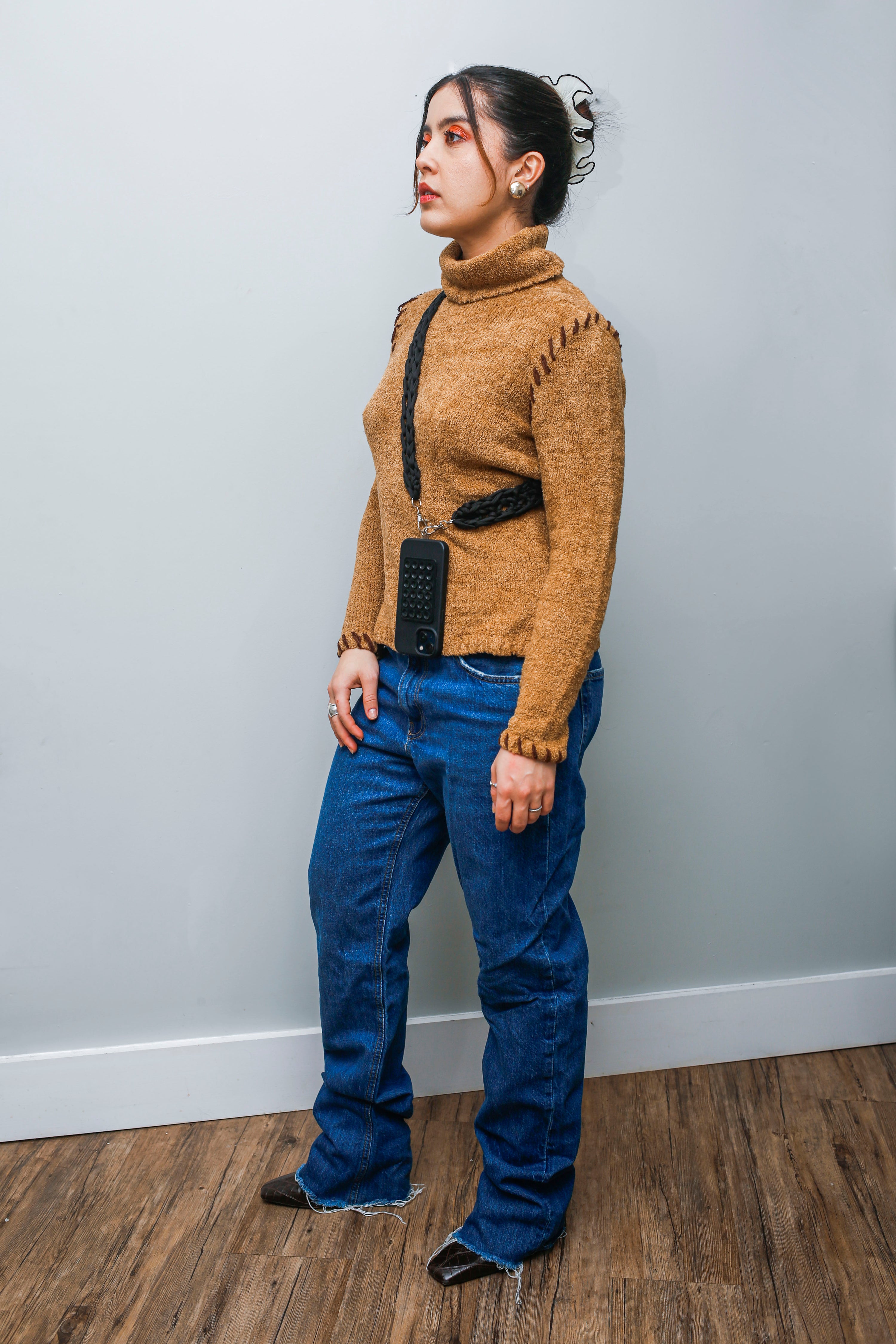 Vintage Boho Turtleneck Sweater—Distressed Fringe Knit in Earthy Brown