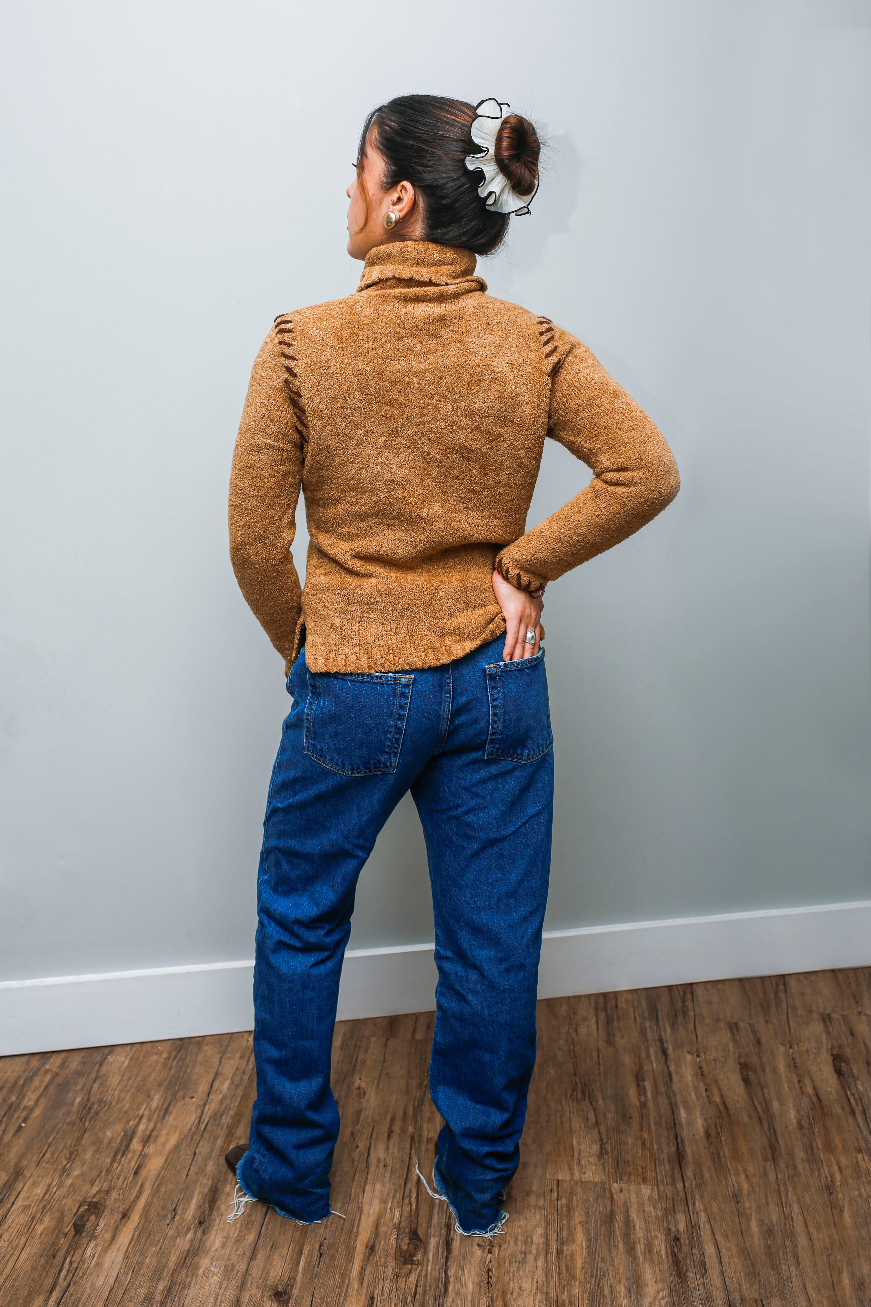 Vintage Boho Turtleneck Sweater—Distressed Fringe Knit in Earthy Brown