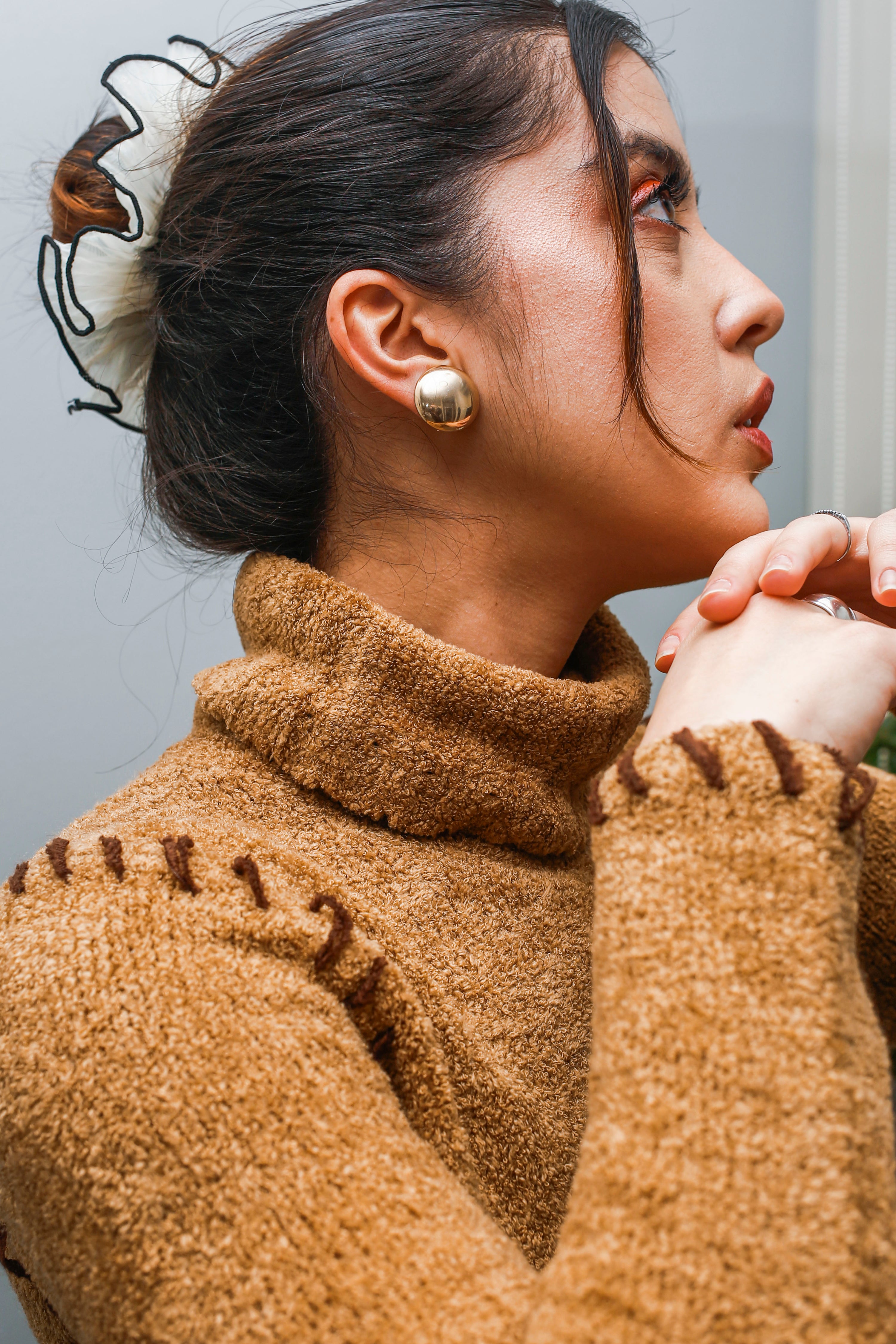 Vintage Boho Turtleneck Sweater—Distressed Fringe Knit in Earthy Brown