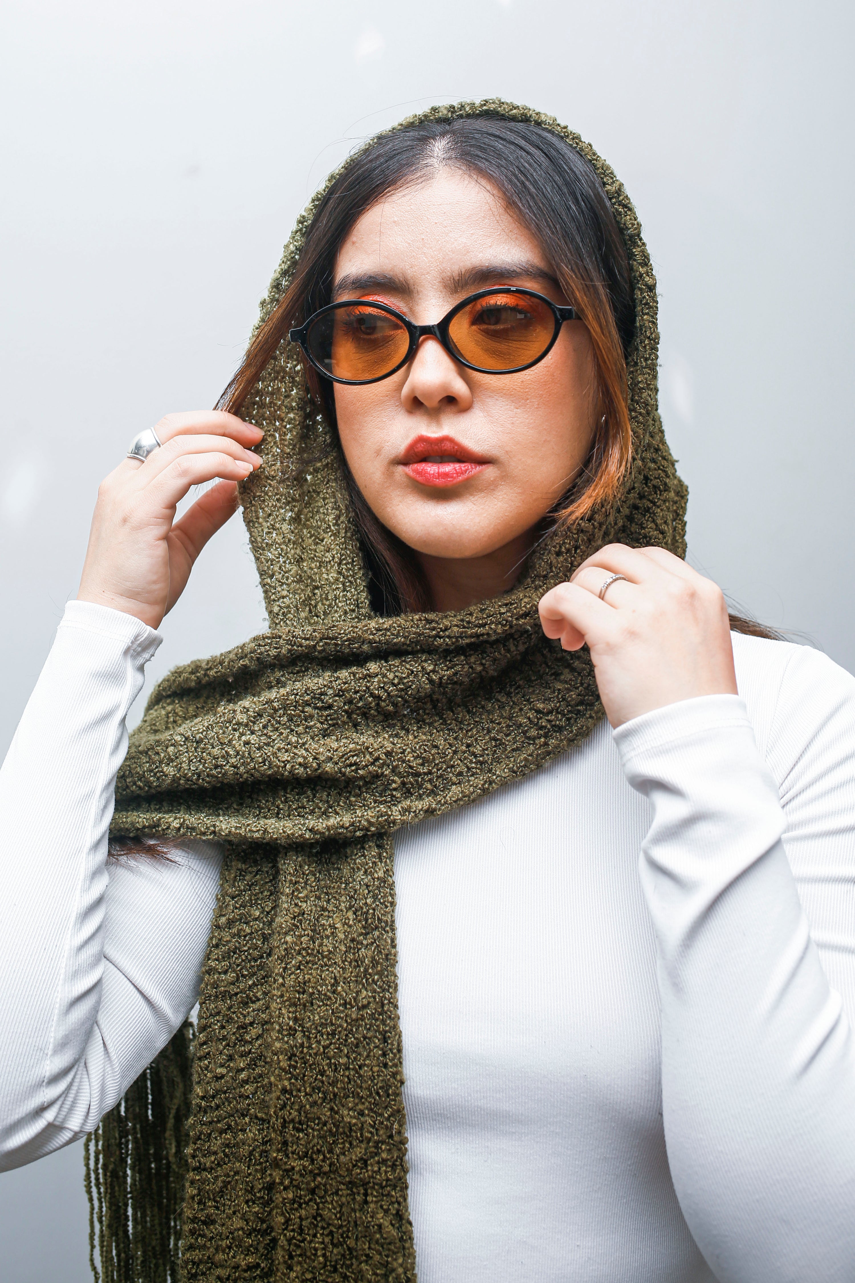 Vintage Olive Green Knit Scarf with Fringe