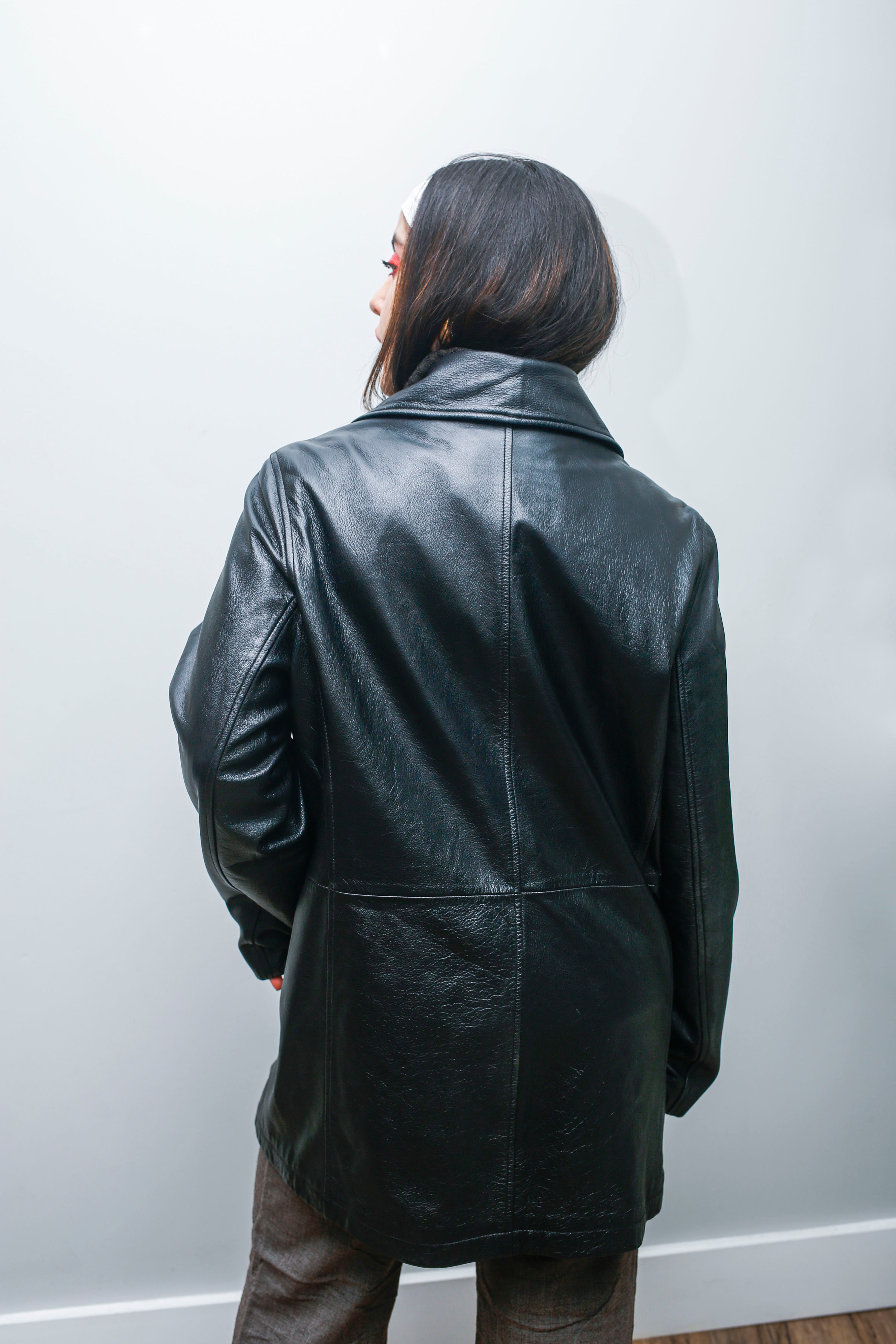 Vintage Black 100% Leather Double-Breasted Jacket