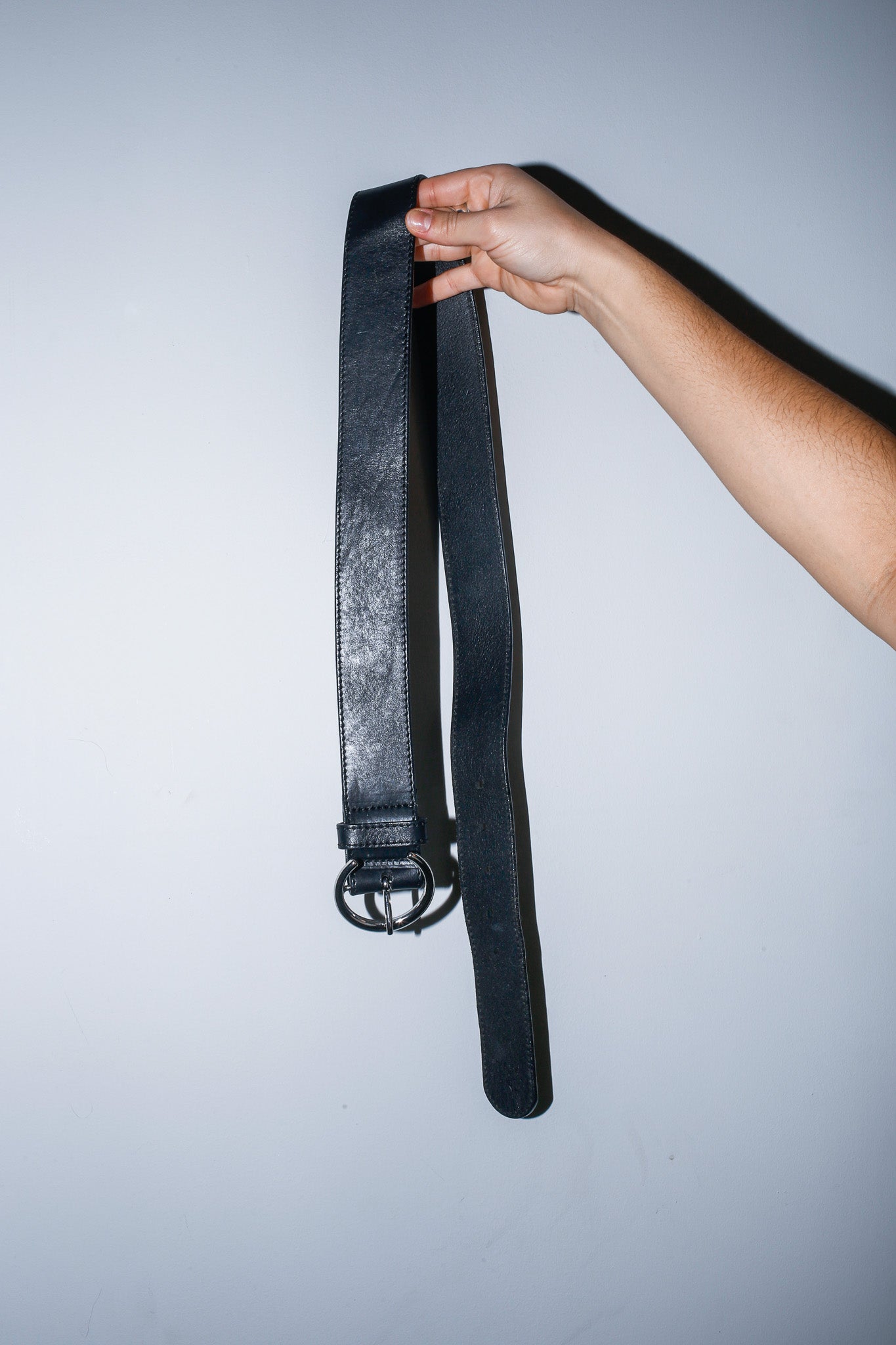 Vintage Black Leather Belt with Silver Circular Buckle