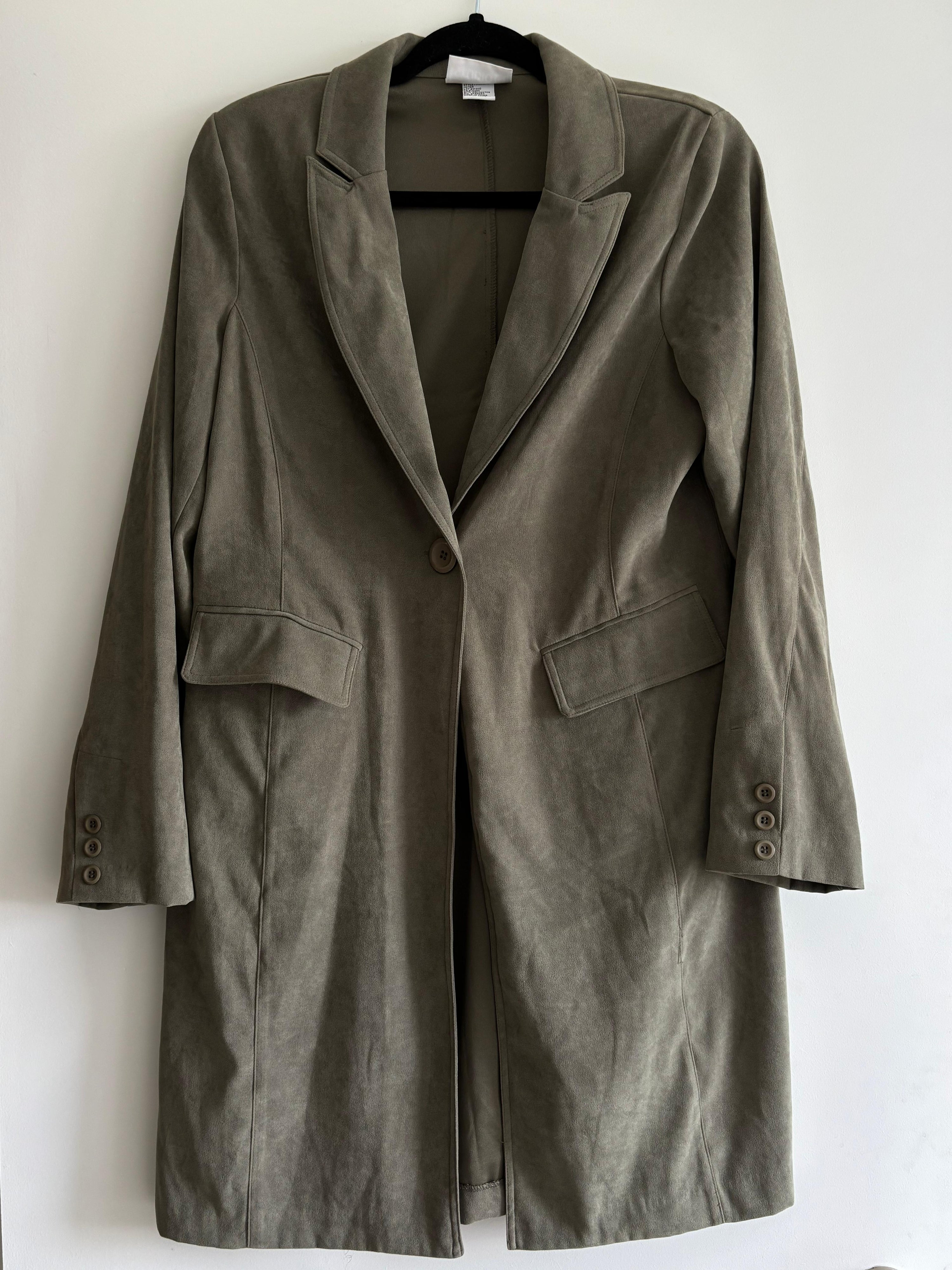Olive Green Faux Suede Coat – Longline Vintage Jacket with Lapel Collar