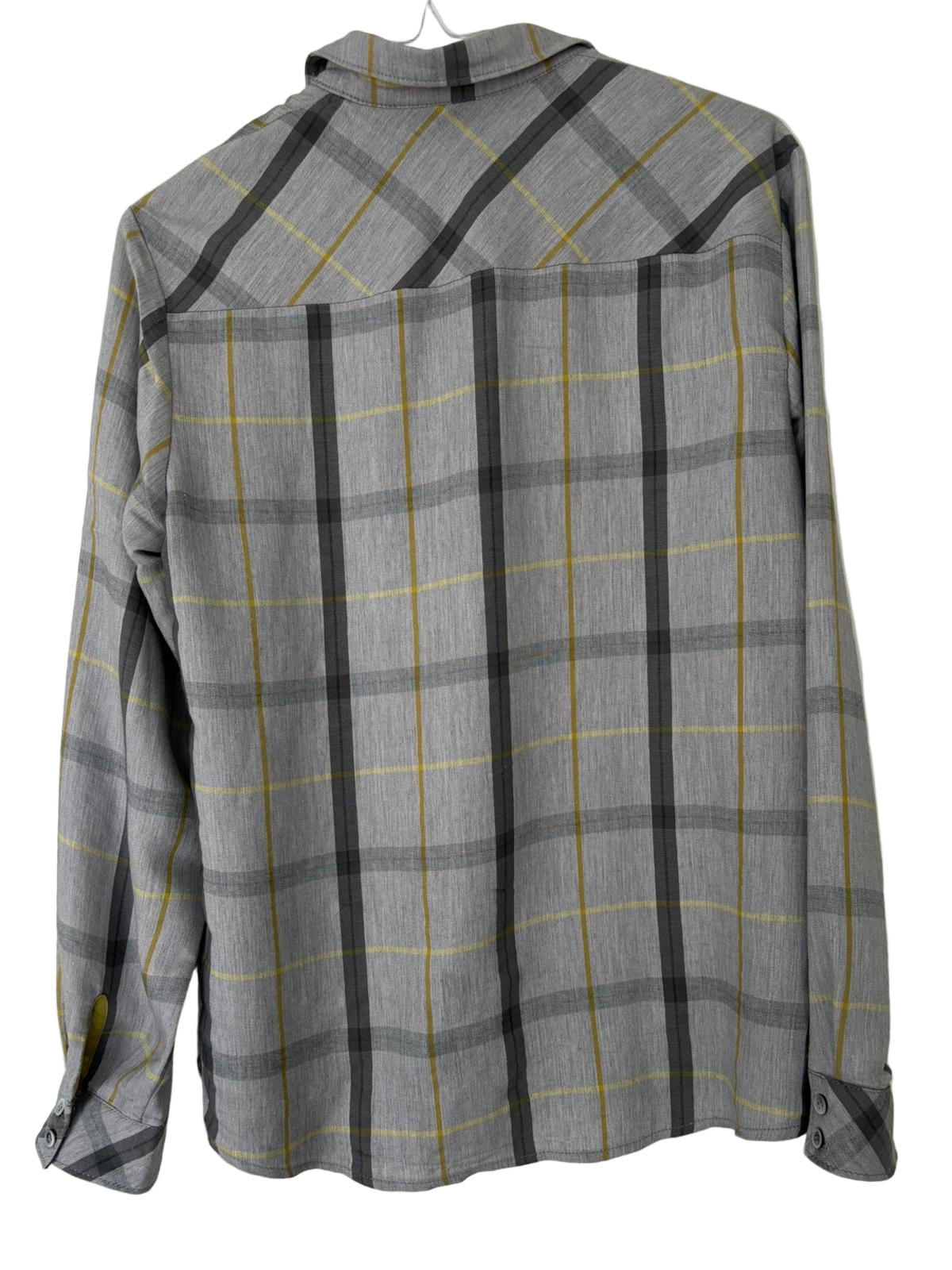 Plaid shirt with gray, black, and yellow pattern on a white background