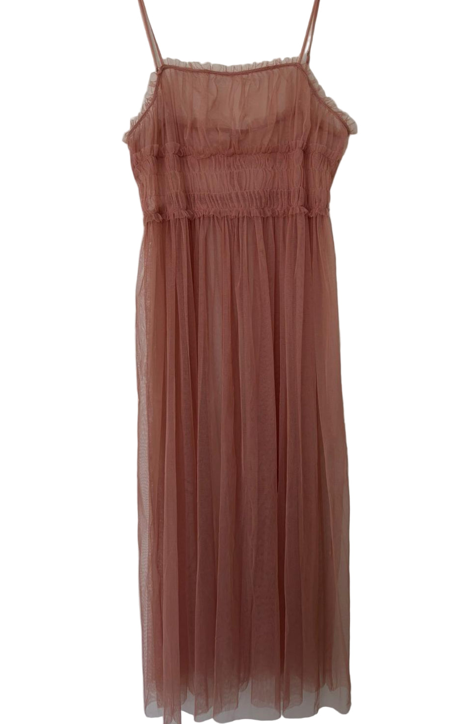 Peach-Colored Sheer Net Midi Dress