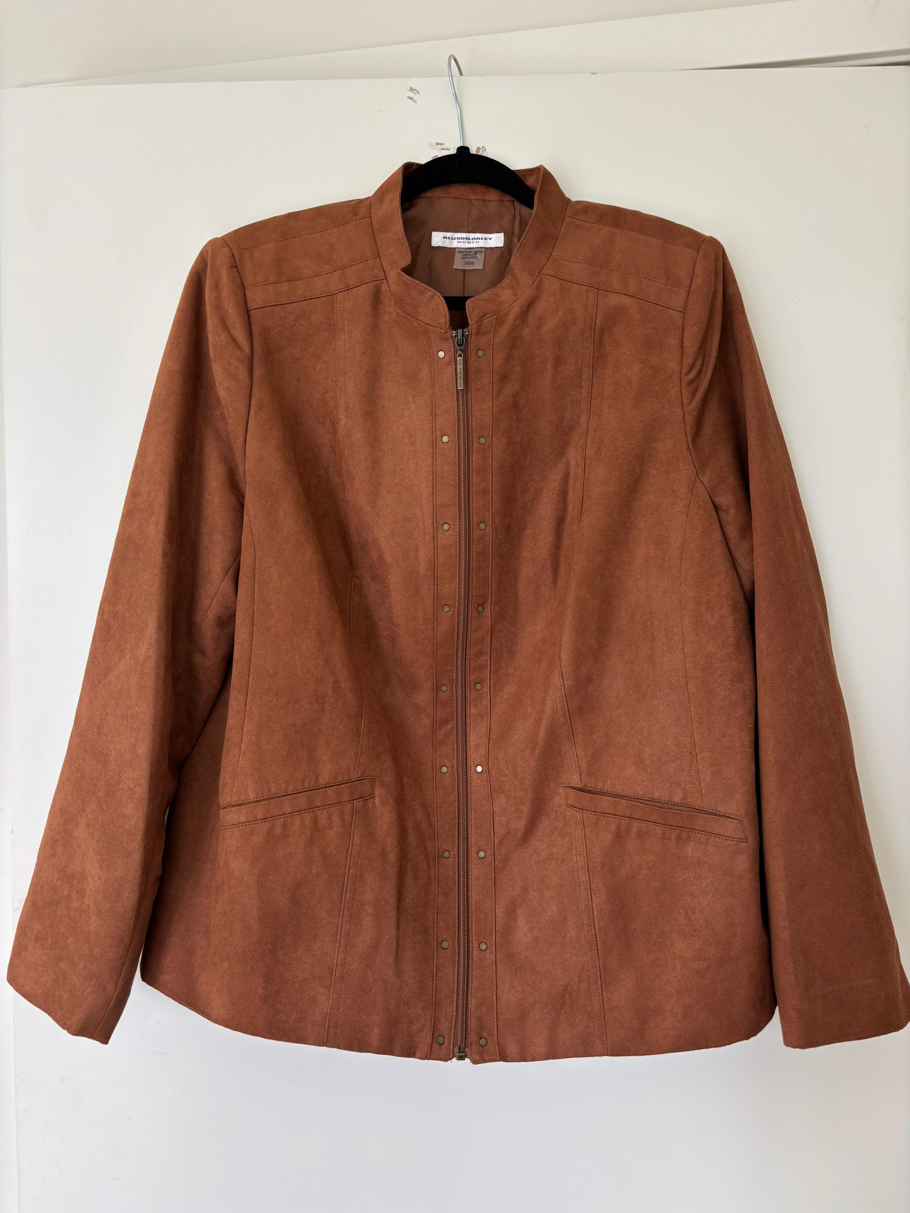 Alfred Dunner Faux Suede Jacket – Brown Zip-Up with Snap Button Details