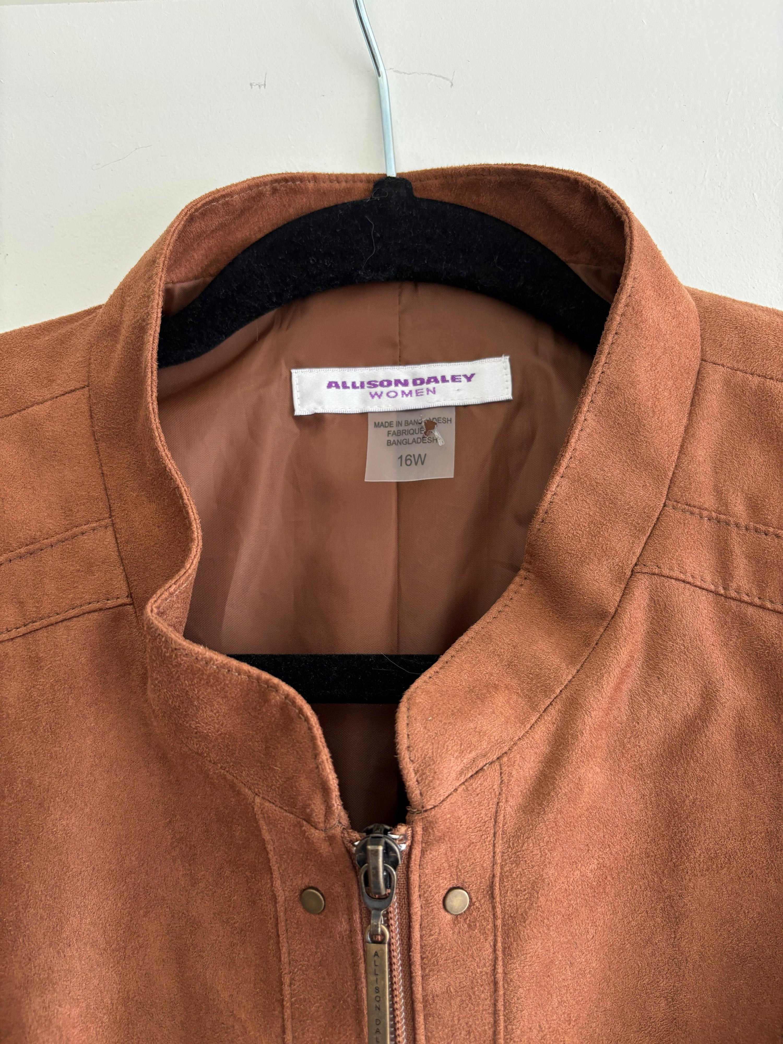 Alfred Dunner Faux Suede Jacket – Brown Zip-Up with Snap Button Details