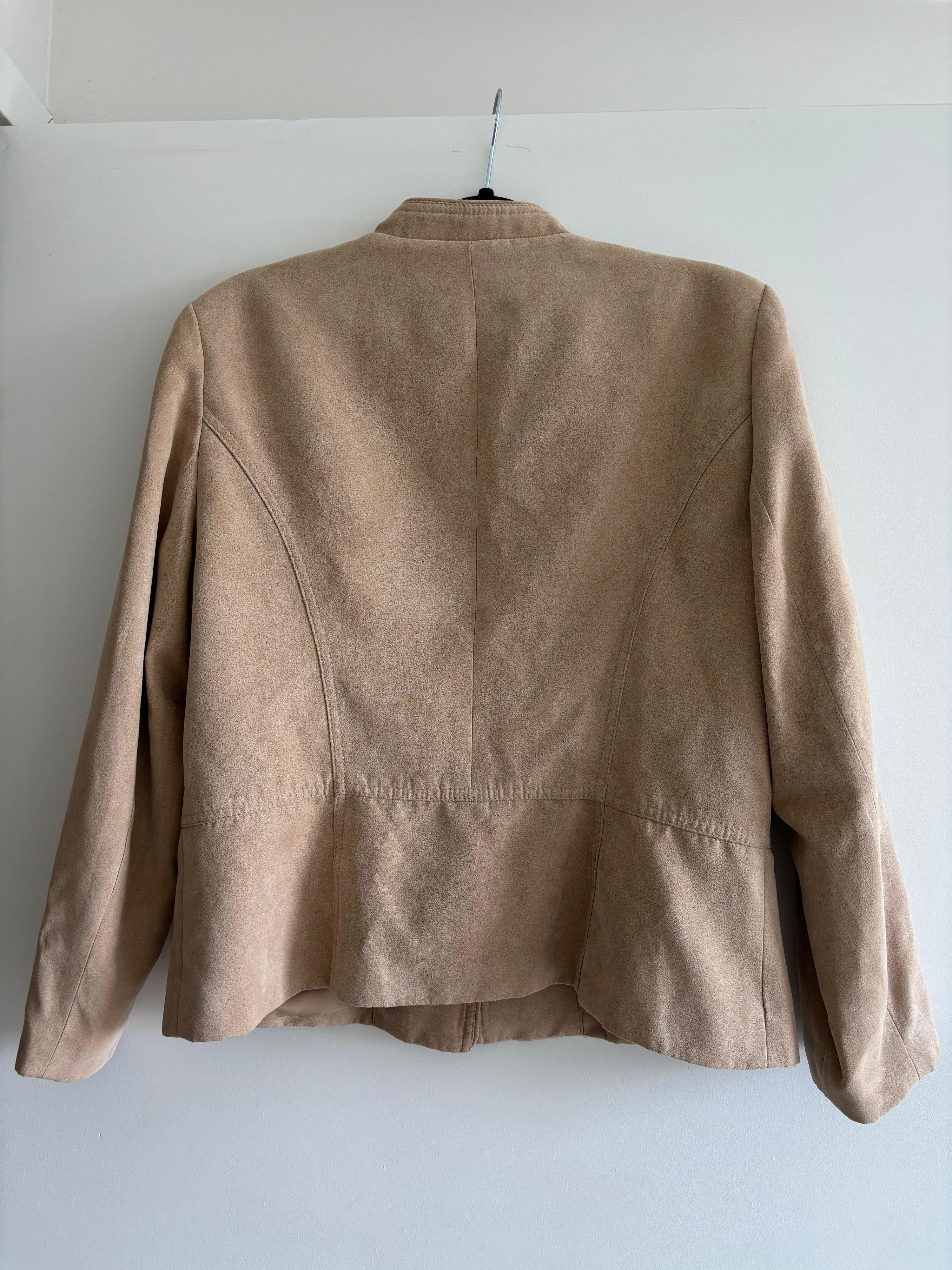 Beige Faux Suede Jacket – Vintage Button-Detail Sleeves & Flap Pockets