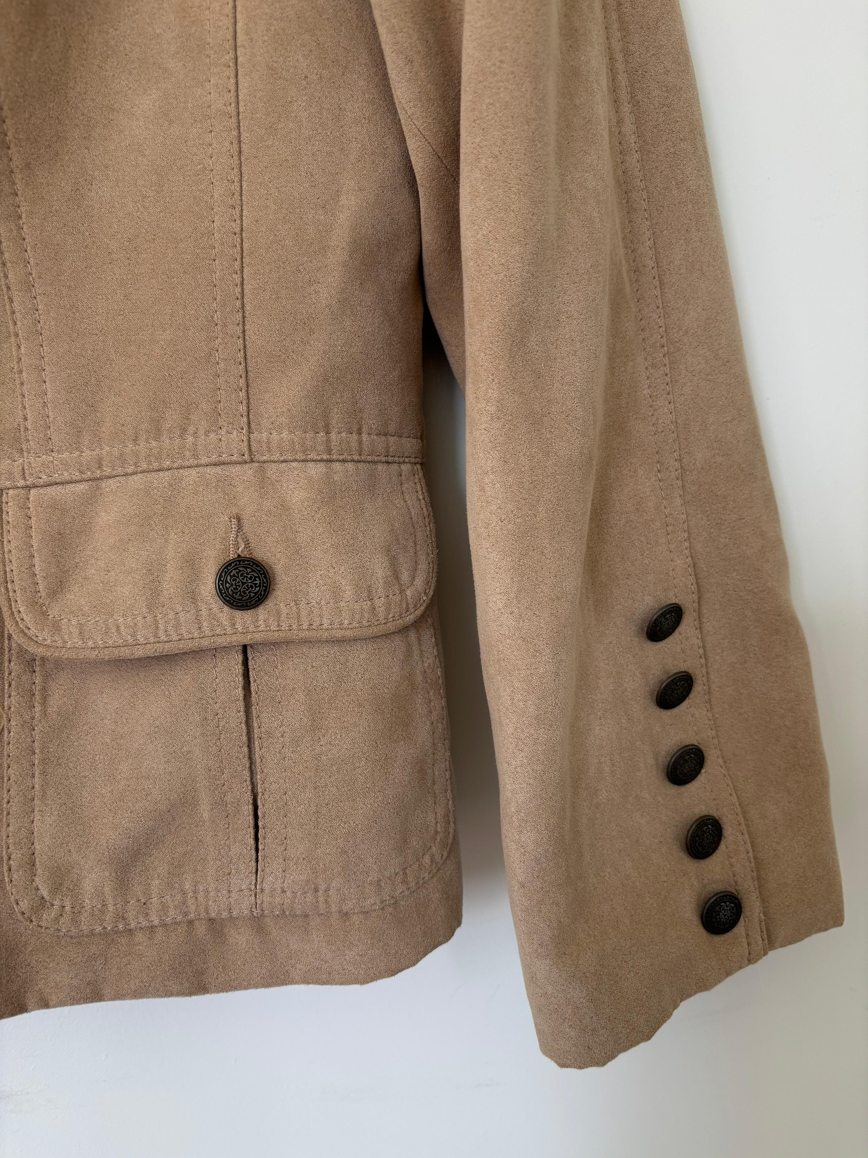 Beige Faux Suede Jacket – Vintage Button-Detail Sleeves & Flap Pockets