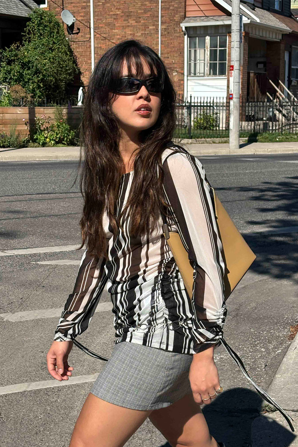 INC International Concepts Black & White Striped Long Sleeve Ruched Shirt – Modern Sheer Top